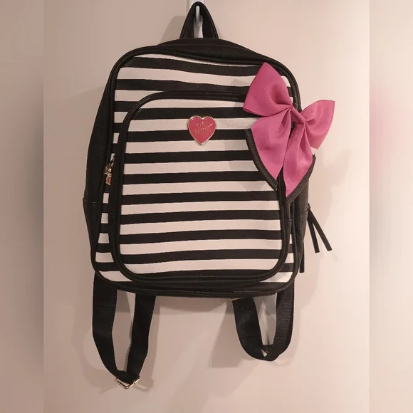 Y2k Betsy Johnson Black & White Striped Backpack with Pink Bow - Picture 1 of 6
